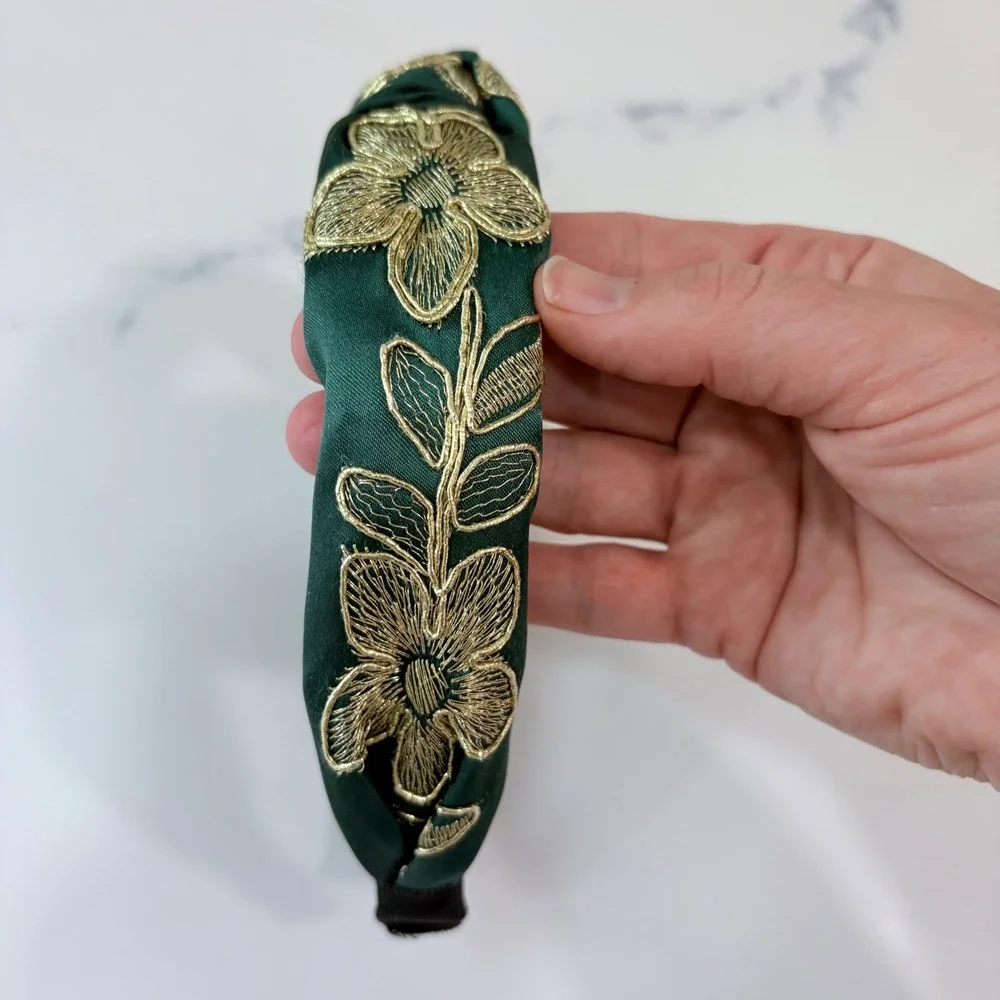Emerald Green Satin Top Knot Headband Gold Floral Metallic‎ Embroidery Wide Hair